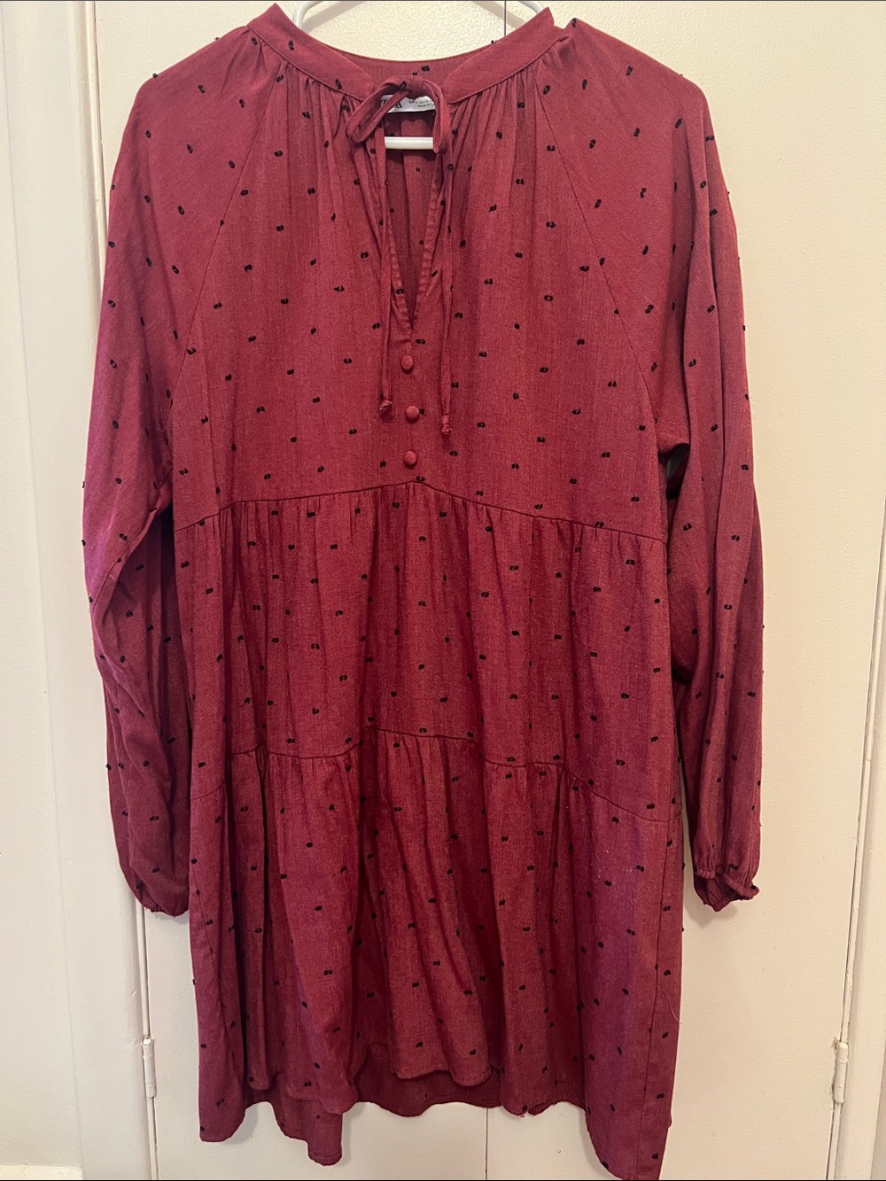 Zara Women's Long Sleeve Maroon Tiered Dress with Tie Neck